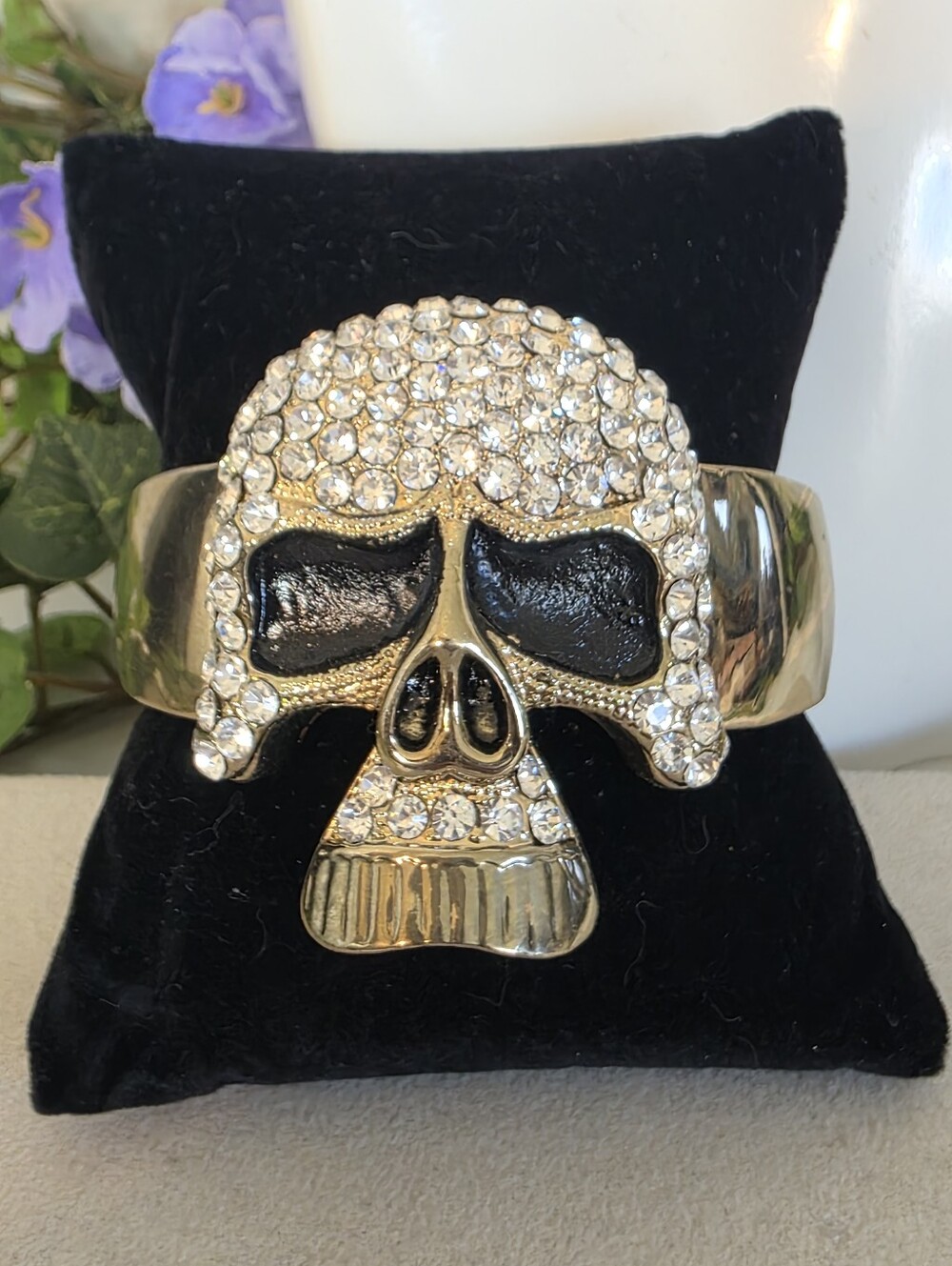 Gold Rhinestone Skull Hinged Cuff Bracelet Statement Pavé Crystal